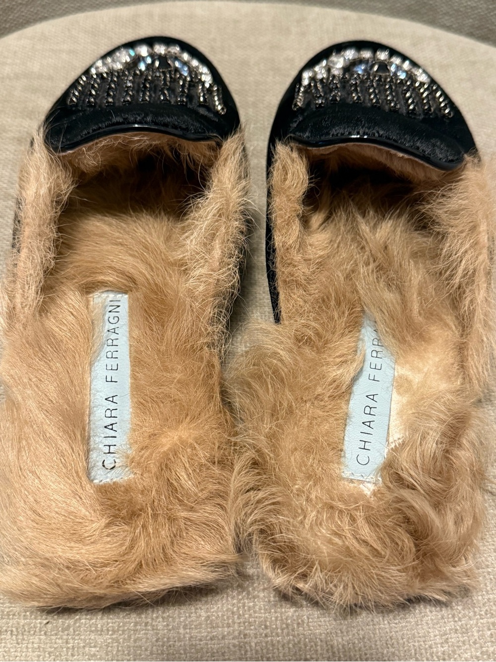 Chiara Ferragni Black Velvet Rhinestone Eye Fur-Lined Mule - Picture 4 of 6